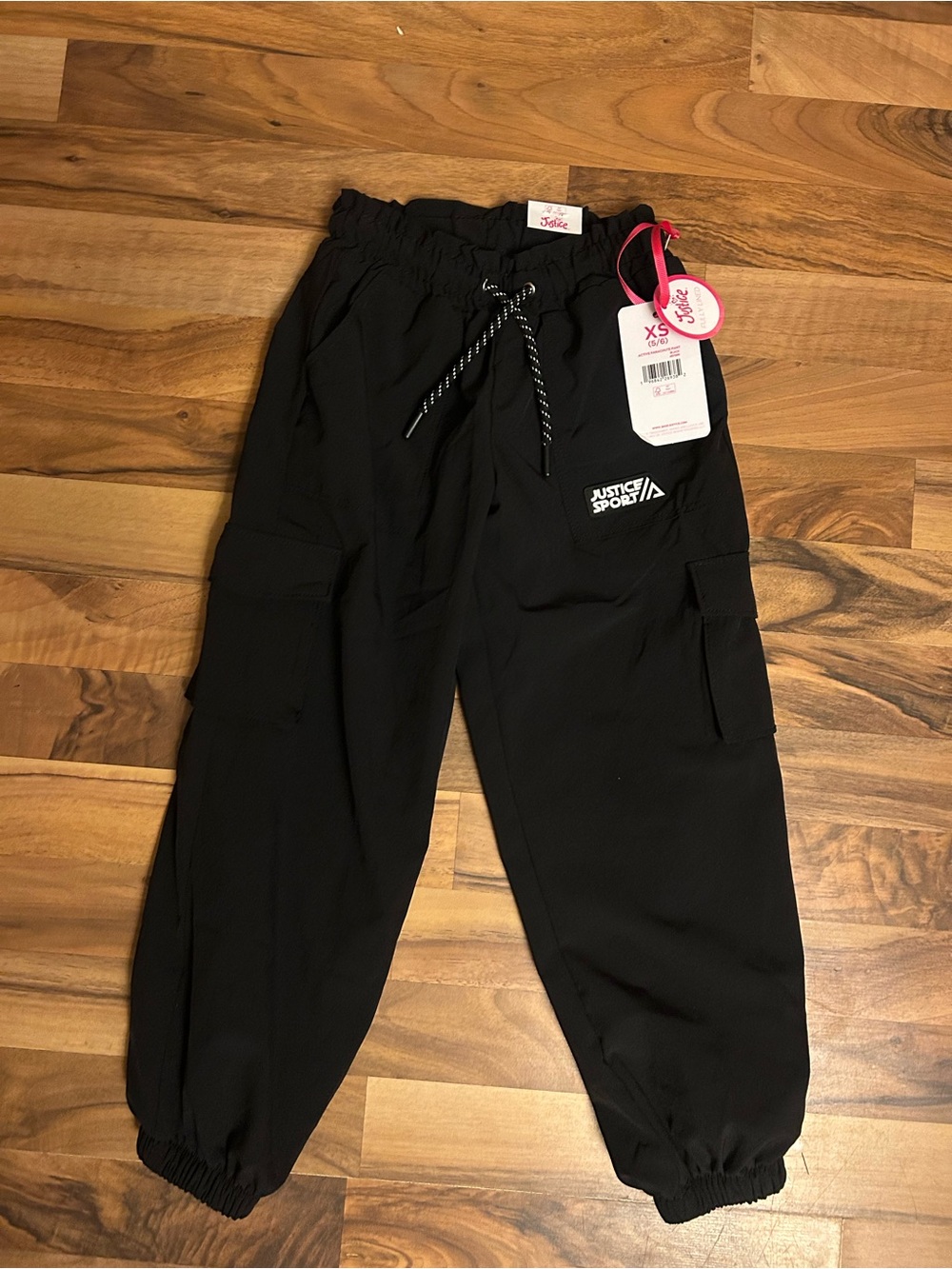 Justice Sport new Sz 6 Girls Black Cargo Jogger Pants Drawstring Pull-On Pockets